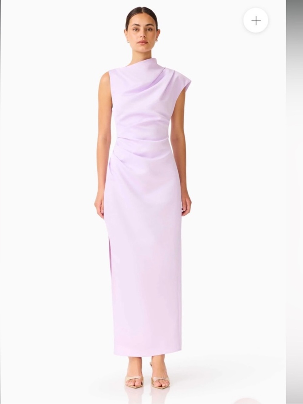 Elliatt coralie purple sateen high neckline draped slit detail maxi dress medium